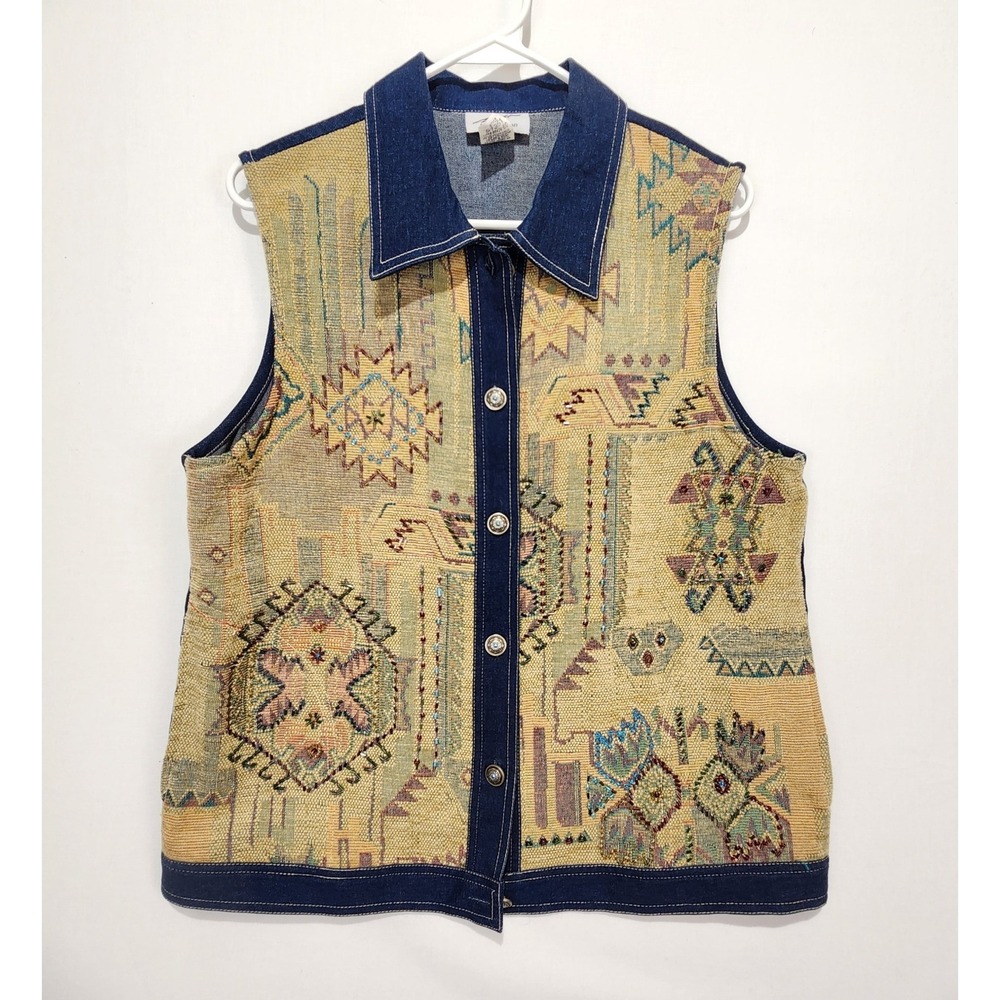 Division of Graff Women's Medium Tapestry Vest Southwestern Aztec Denim Trim